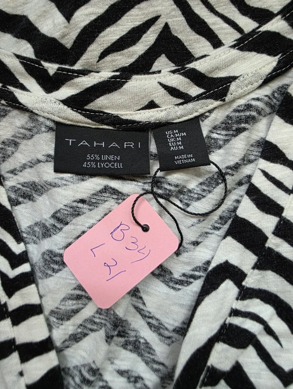 Tahari Zebra-Print Button Front V-Neck Tank Top Size Medium Linen